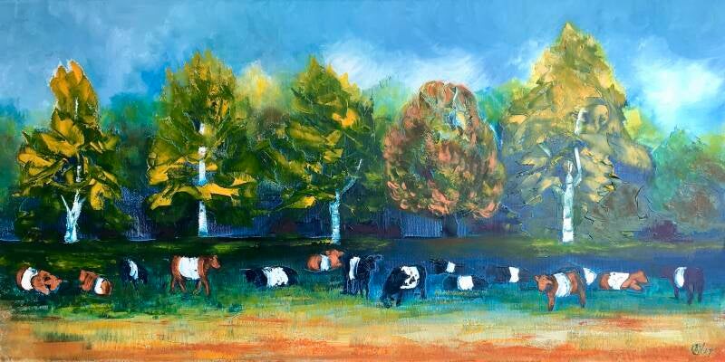 Lakenvelders langs bosrand, olieverf op doek, 50x100cm