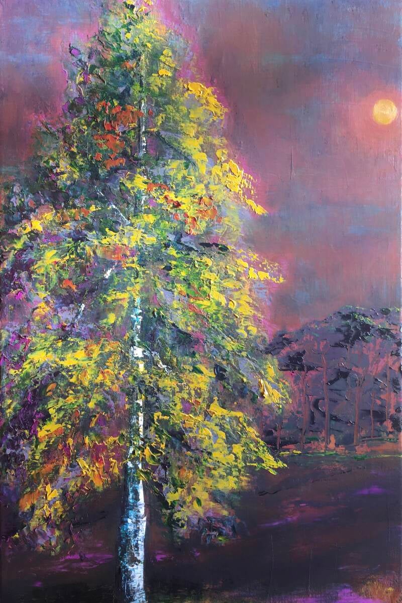 Herfstige berk bij volle maan, olieverf op doek, 60x40cm