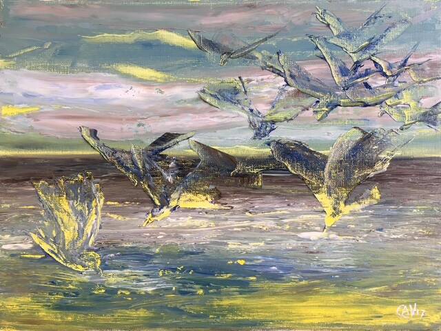 Vechten om de vis, olieverf op doek, 30x40cm (verkocht)