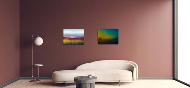 voorbeeld van digitale kunstwerken in een interieur (deze digitale schilderijen zijn zowel apart als samen verkrijgbaar)