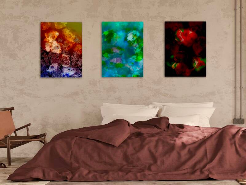 voorbeeld van digitale kunstwerken in een interieur (deze digitale schilderijen zijn zowel apart als samen verkrijgbaar)