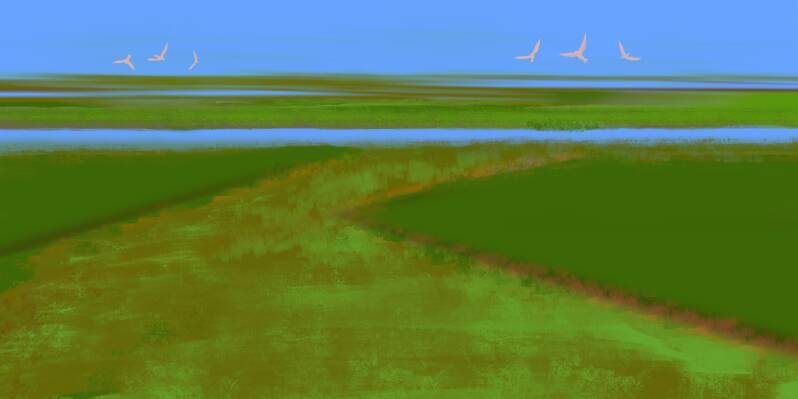 Grondgedachten I, digitale kunst, gedrukt op akoestische fotopanelen 370 x 185 cm per paneel (werk in opdracht)