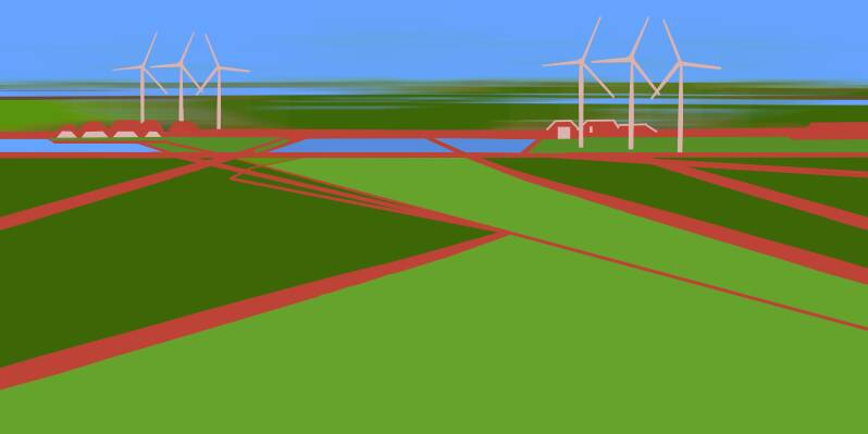 Grondgedachten II, digitale kunst, gedrukt op akoestische fotopanelen 370 x 185 cm per paneel (werk in opdracht)