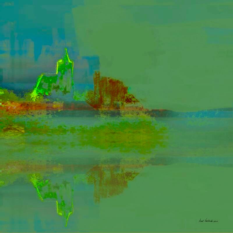 Kerkje in herfstig landschap, digitale kunst 30x30cm