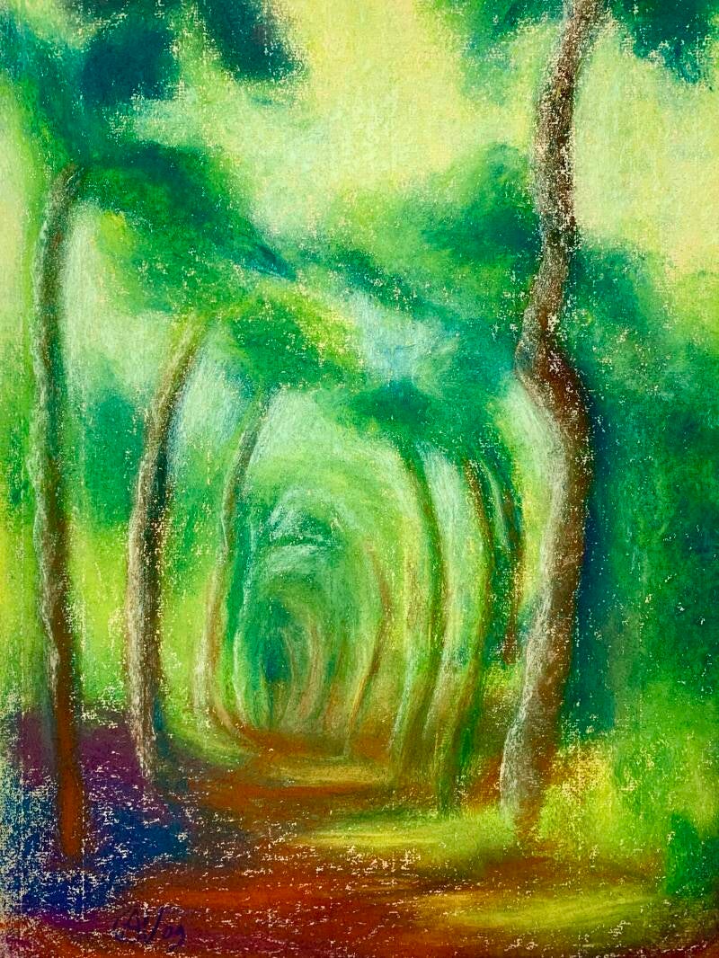 Laantje in het bos, pastelkrijt op papier, 40x50cm