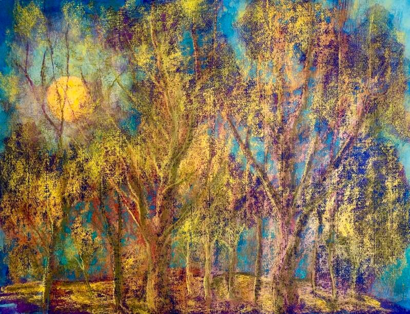 Herfstbos bij volle maan, oliepastelkrijt en ecoline op Ingres papier (verkocht)