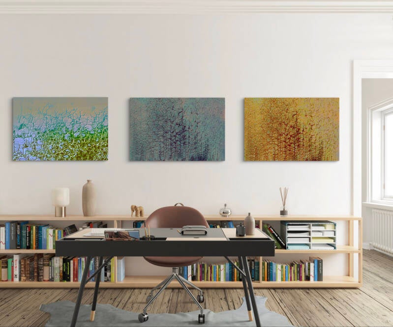 voorbeeld van digitale kunstwerken in een interieur (deze digitale schilderijen zijn zowel apart als samen verkrijgbaar)