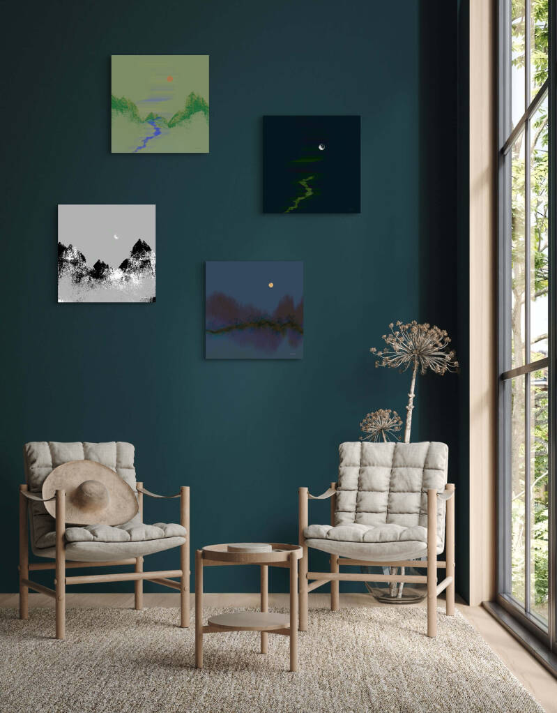 voorbeeld van digitale kunstwerken in een interieur (deze digitale schilderijen zijn zowel apart als samen verkrijgbaar)