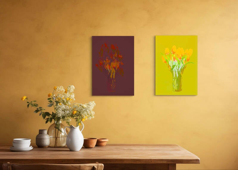 voorbeeld van digitale kunstwerken in een interieur (zowel apart als samen verkrijgbaar)