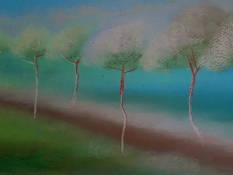 Parasoldennen II, pastelkrijt op papier, 15x20cm