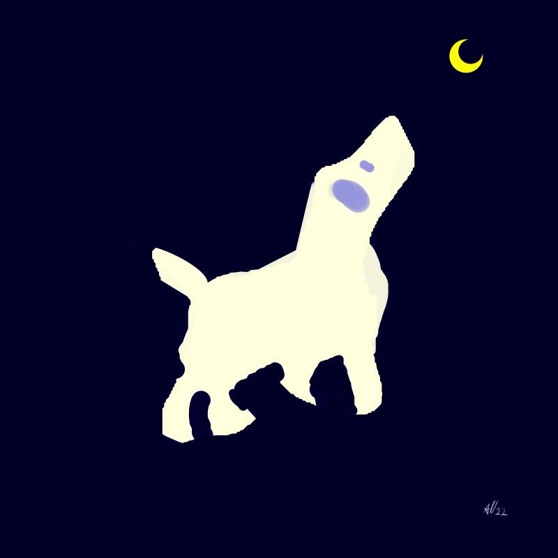 Blaffen naar de maan, digitale kunst, 30x30cm 