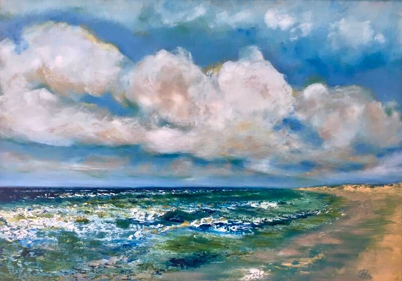 Zee, zand en wolken, olieverf op doek, 80x100cm