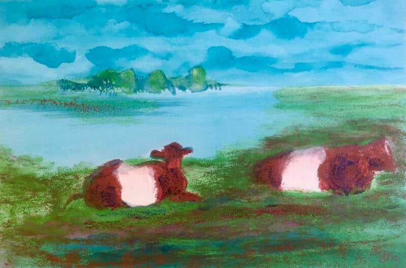 Lakenvelders liggen bij het water, aquarel op papier, 30x40cm (verkocht)