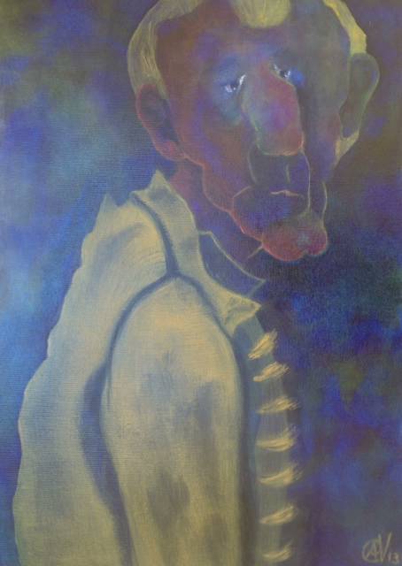 Man met versleten jas (2103) olieverf op doek, 70x50cm