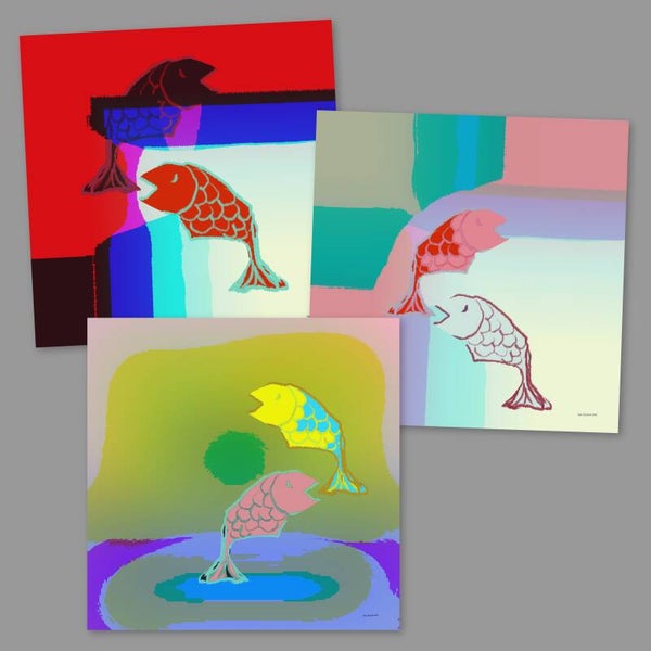 Drie wandtegels. Serie ‘Vissen/Two Lost Souls’