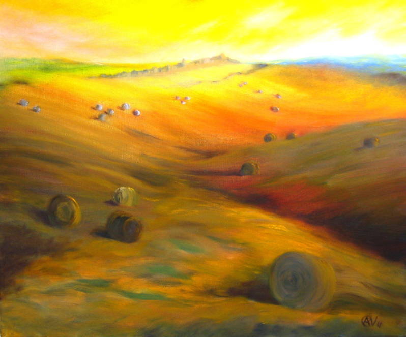 Toscaans landschap met hooirollen, olieverf op doek, 50x60cm