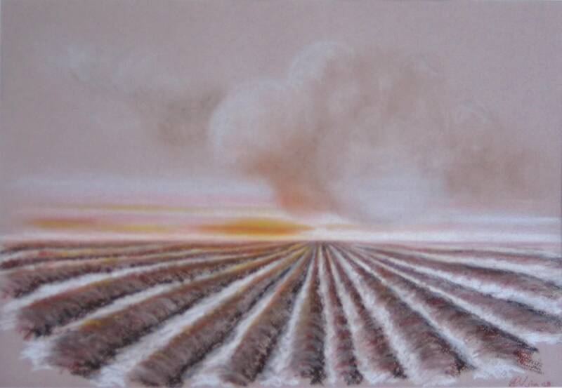 Winters akkerland, pastelkrijt op papier, 29,7x42cm (verkocht)