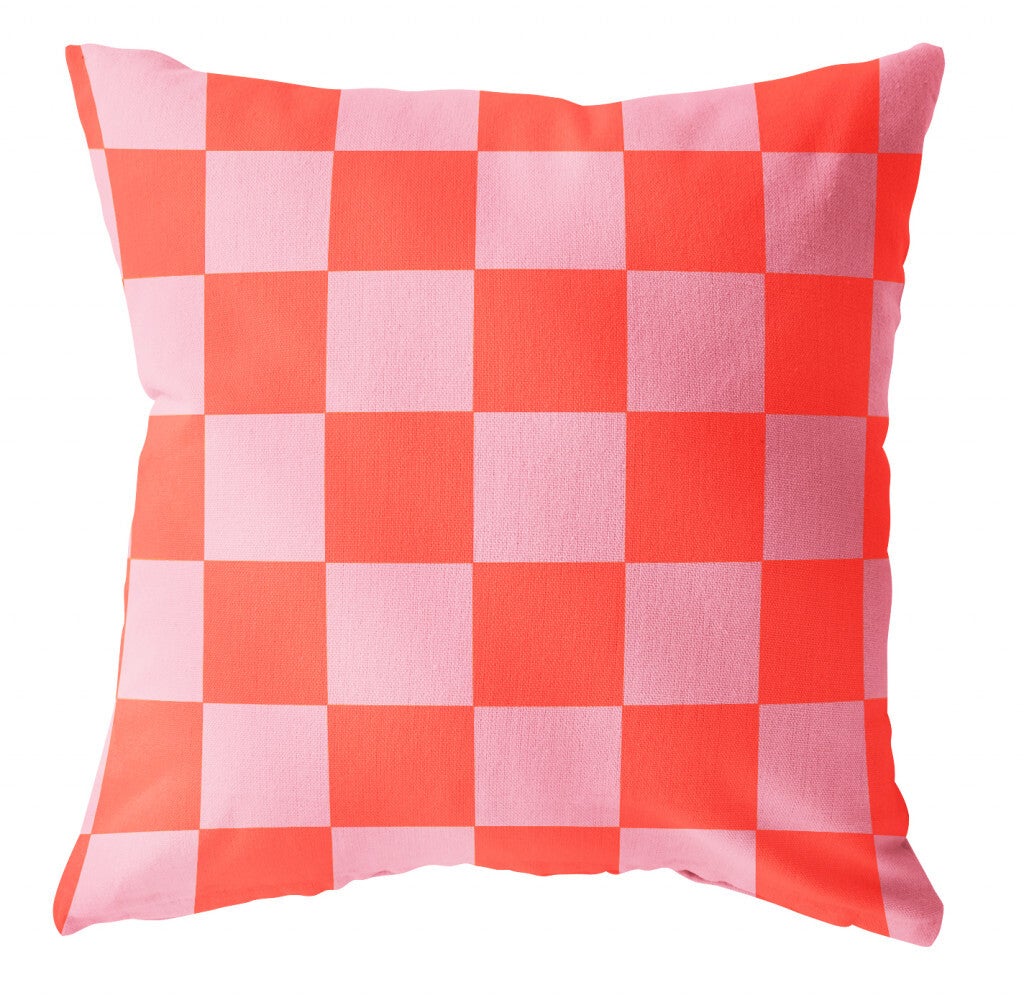 Buitenkussen geblokt oranje roze