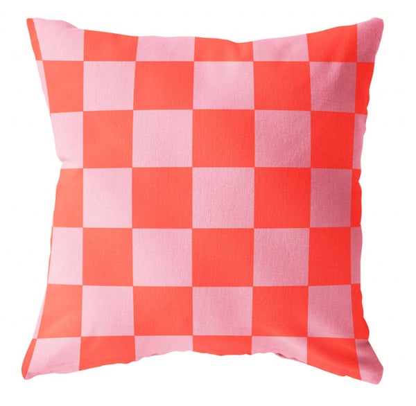 Buitenkussen geblokt oranje roze