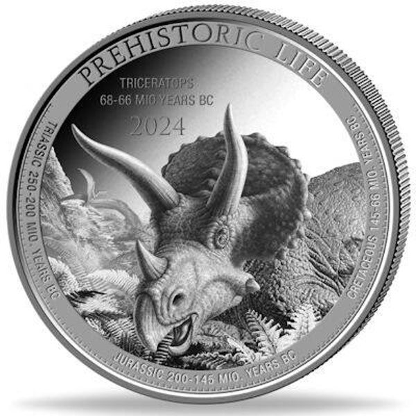 Kongo - 20 Francs Prähistorisches Leben II. Triceratops (1.)  1 Oz Silbermünze*