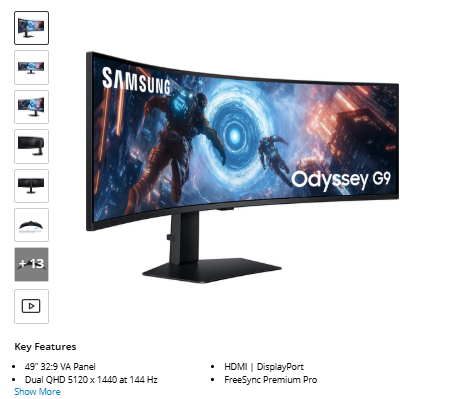 Samsung Odyssey G9 G91F 49" Dual 1440p HDR 144 Hz Curved Ultrawide Gaming Monitor