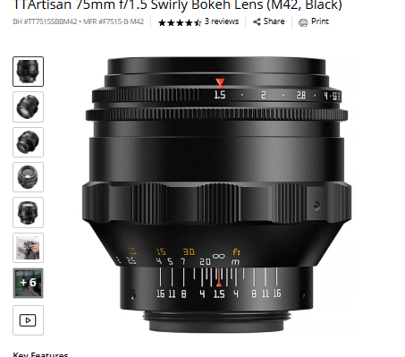 ITArtisan 75mm f/1.5 TTArtisan 75mm f/1.5 Swirly Bokeh Lens (M42, Black)