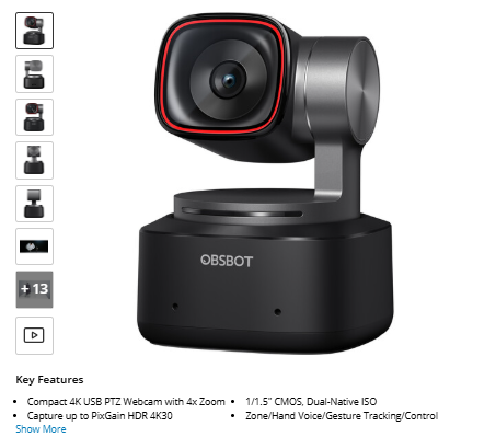 OBSBOT Tiny 2 Al-Powered PTZ 4K Webcam