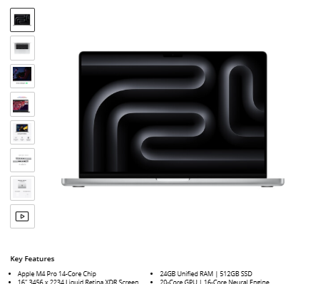 M4 Pro Late 2024 Apple 16" Macbook Pro (M4 Pro, Silver)