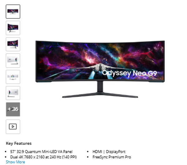 Samsung Odyssey Neo G9 57" Dual 4K HDR 240 Hz Curved Ultrawide Gaming Monitor