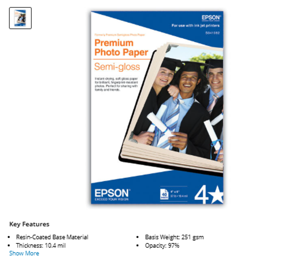 Epson Premium Photo Paper Semi-Gloss (4 x 6", 40 Sheets)