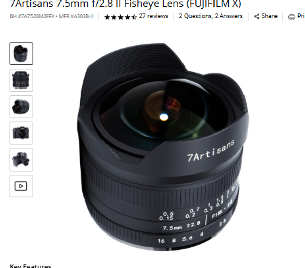 7Artisans 7.5mm [/2.8 Mark Il Fisheye 7Artisans 7.5mm f/2.8 Il Fisheye Lens (FUJIFILM X)
