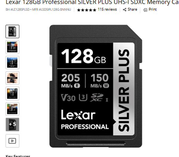 SDXC Lexar 128GB Professional SILVER PLUS UHS-I SDXC Memory Card