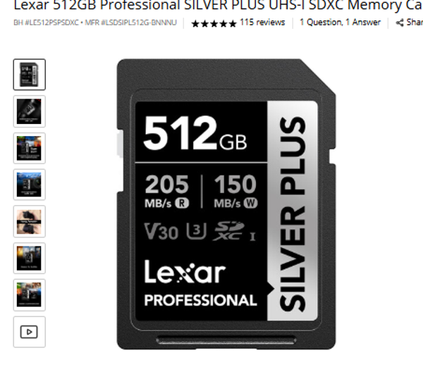 Lexar 512GB Professional SILVER PLUS UHS-I SDXC Memory Card