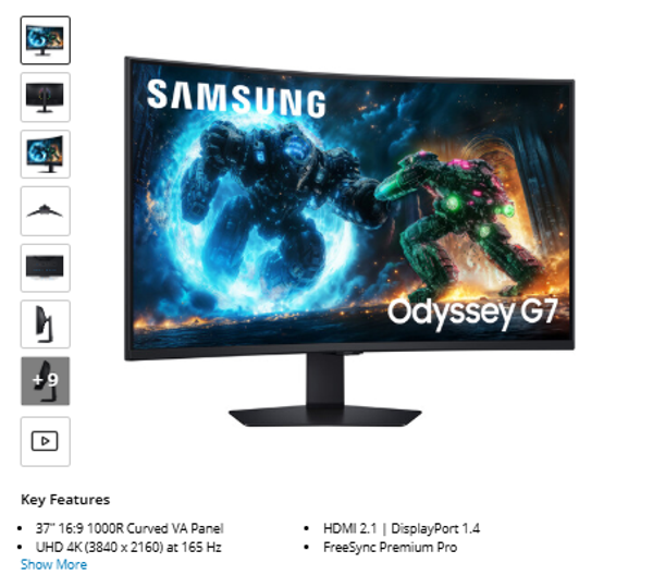 Samsung Odyssey G7 G75F 37" 4K HDR 165 Hz Curved Gaming Monitor