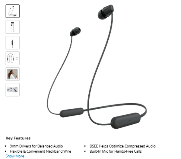 Sony WI-C100 Wireless In-Ear Headphones (Black) 127 s