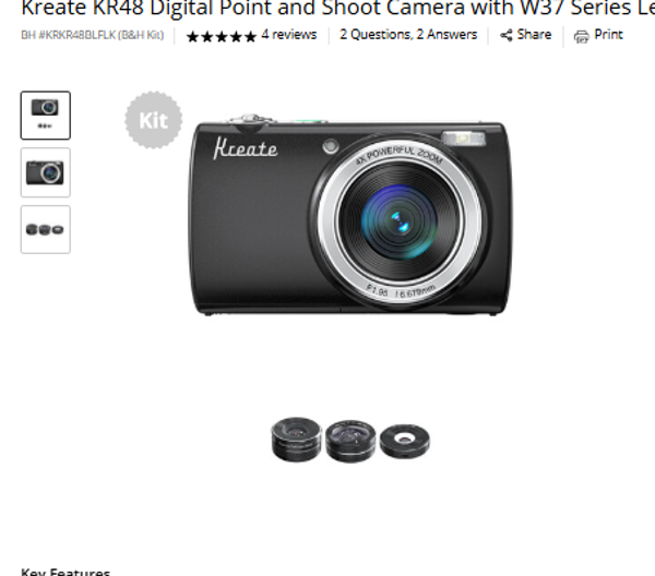 Kreate KR48 Digital Point and Shoot Camera with W37 Series Lens Kit (Black)