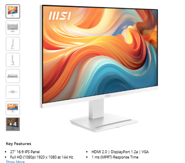 MSI PRO MP273W E14A 27" Full HD HDR 144 Hz Monitor