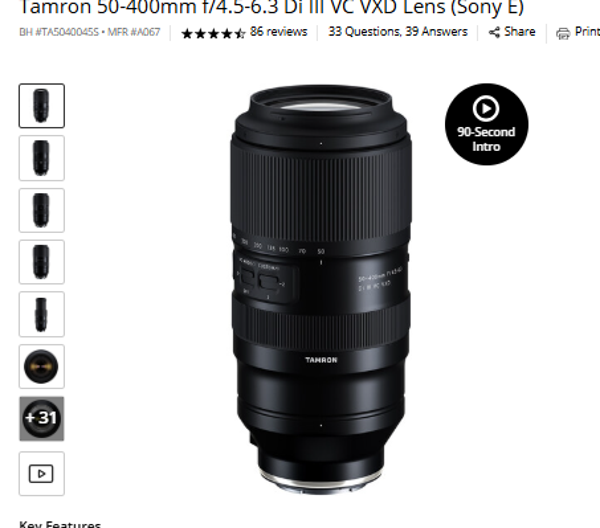 Tamron 50-400mm [/4.5-6.3 Di III VC Tamron 50-400mm f/4.5-6.3 Di III VC VXD Lens (Sony E)