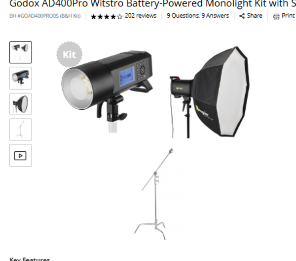 AD400Pro Godox AD400Pro Witstro Battery-Powered Monolight Kit with Softbox and C-Stand