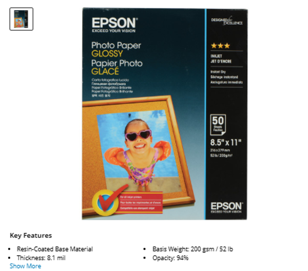 Epson Photo Paper Glossy (8.5 x 11", 50 Sheets)