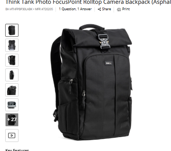 Think Tank Photo FocusPoint Rolltop Camera Backpack (Asphalt Black, 30 L)