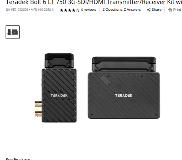 Teradek LT 750 II Teradek Bolt 6 LT 750 3G-SDI/HDMI Transmitter/Receiver Kit with Internal Antennas