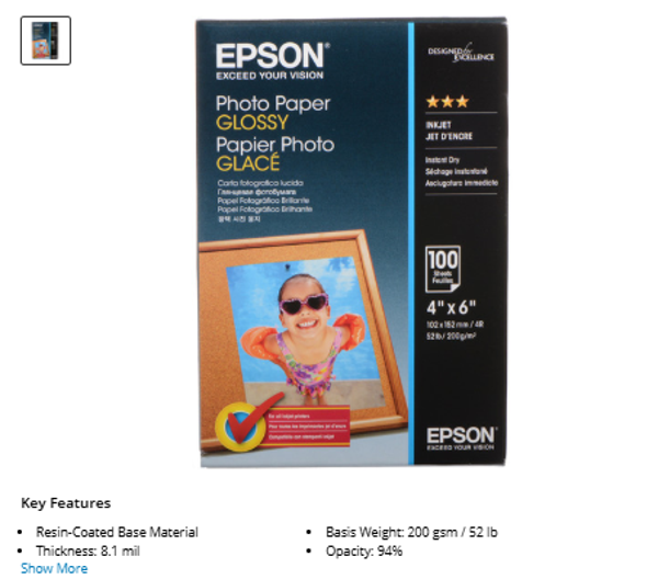 Epson Photo Paper Glossy (4 x 6", 100 Sheets)