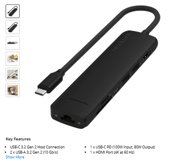 Satechi Slim USB-C 7-in-1 Multi-Port Adapter with Ethernet (Black)