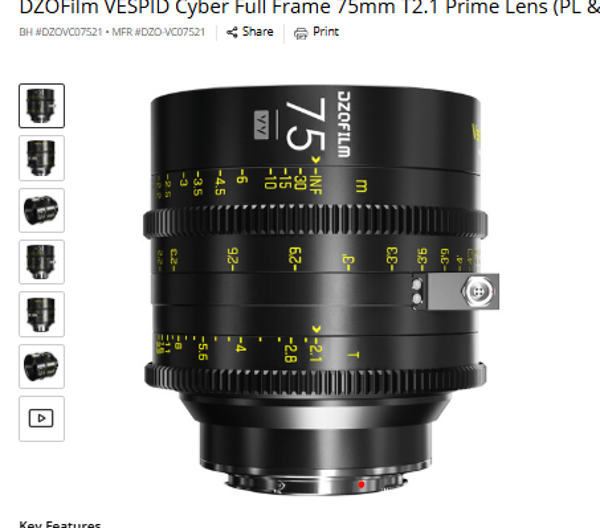 75mm T2.1 DZQFilm VESPID Cyber Full Frame 75mm T2.1 Prime Lens (PL & EF Mounts)
