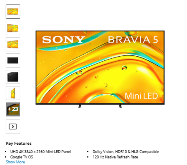 BRAVIA 5 Sony BRAVIA 5 65" 4K HDR Smart Mini-LED TV