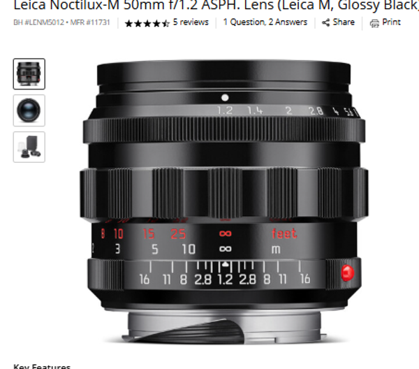 Leica Noctilux-M 50mm f/1.2 ASPH Leica Noctilux-M 50mm f/1.2 ASPH. Lens (Leica M, Glossy Black)