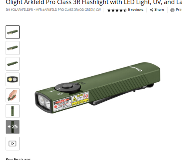 Pro Qlight Arkfeld Pro Class 3R Flashlight with LED Light, UV, and Laser (OD Green)