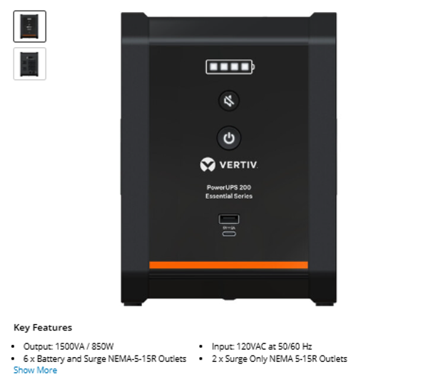 PSA6C-1500LVT VERTIV Liebert PSA6E-1500LVT PowerUPS 200 Essential Line Interactive UPS (1500VA/ 850W)