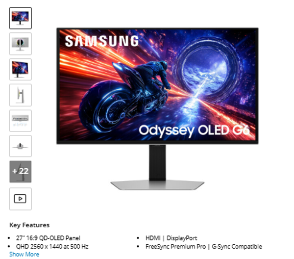 Samsung Odyssey OLED G6 G60SF 27" 1440p HDR 500 Hz Gaming Monitor